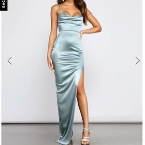 Windsor high slit satin dress in sea foam